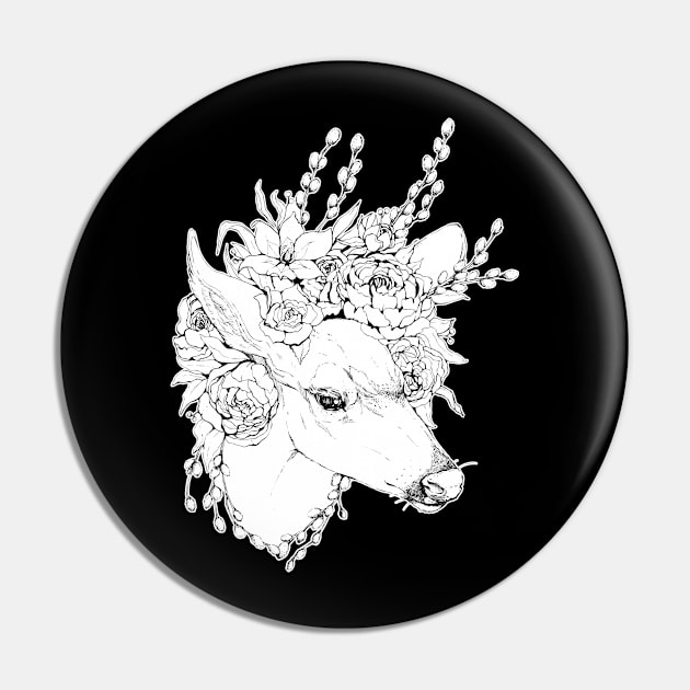 Peony Deer - Black and White Pin by Plaguedog