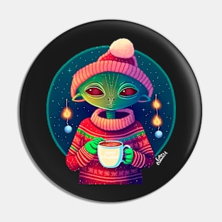 Christmas Funny Alien Drinking Coffee Wearing Sweater Pin