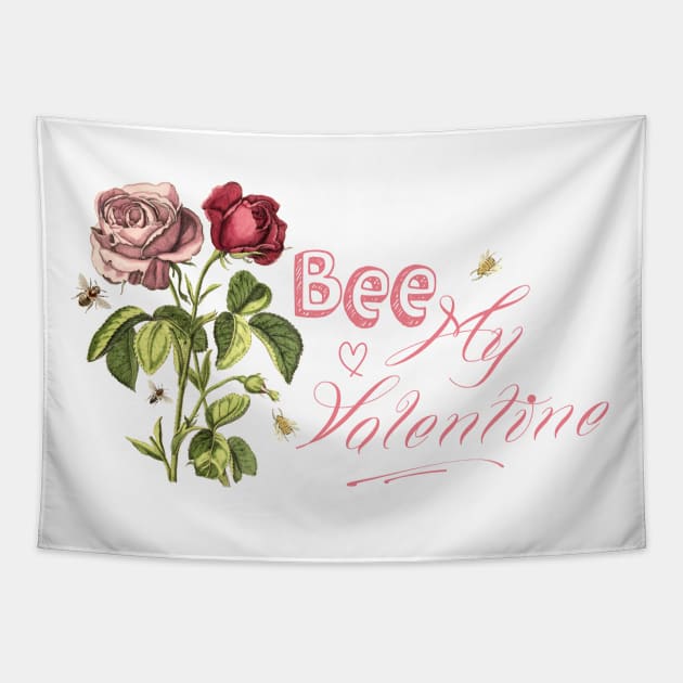 Bee My Valentine with Rose Flowers Vintage Botanical Illustration Collage Tapestry by Biophilia