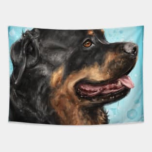 Painting of an Adorable Rottweiler with Its Tongue Out, Light Blue Spattered Background Tapestry