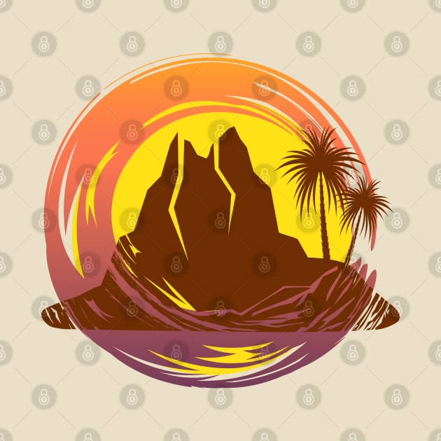 Badge with tropical volcano landscape and palm trees by Cute-Design