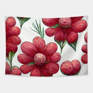 Puffy red and pink 3D flowers in a pattern with green stems on a white background. Tapestry