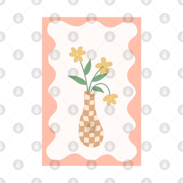 checkered warm beige and tan vase with yellow flowers with peach squiggle frame by JuneNostalgia