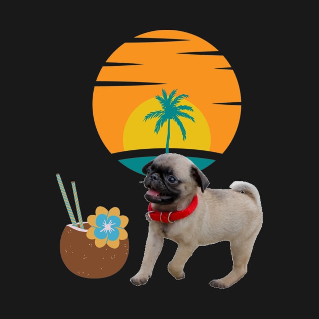 Tiny dog , coco drink and palm tree on sunset background . by KA&KO