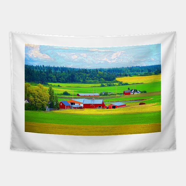 Red Barns in Coupeville Washington Tapestry by SeaChangeDesign