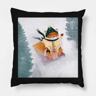 Happy Fox Sliding In The Snow Pillow