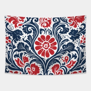 Blue and Red Scandinavian Folk Art Design Tapestry