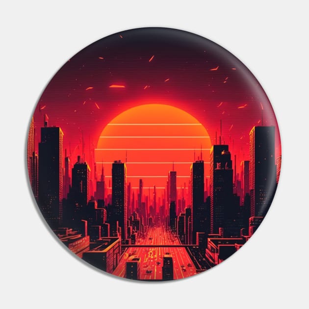 Scorching Synthwave Sun Dawning Over 80s City Pin by Nightarcade