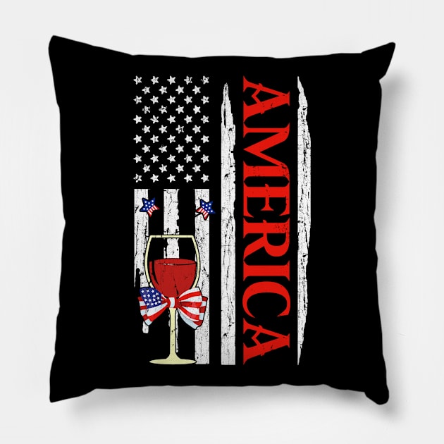 America Celebrates Wine Glass American Flag 4th of July Gift men/Women Pillow by David Darry