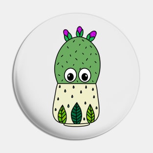 Cute Cactus Design #352: Prickly Pear Cactus In Leafy Pot Pin