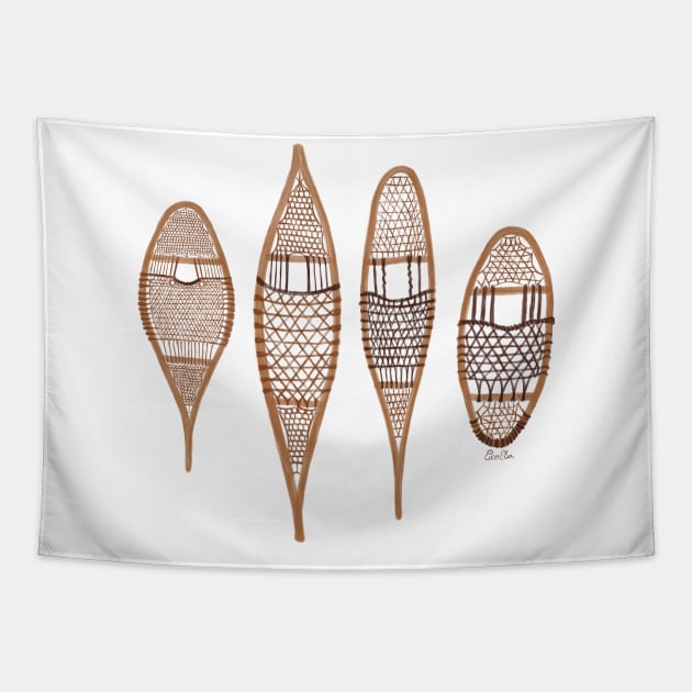 Wooden Snowshoes - traditional snowshoes, Indigenous Snowshoe styles Tapestry by EcoElsa