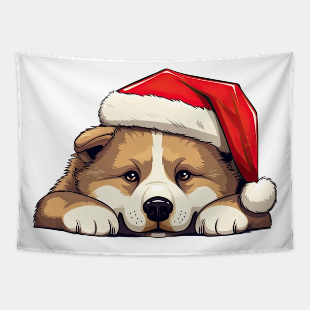 Christmas Peeking Akita Dog Tapestry by Chromatic Fusion Studio