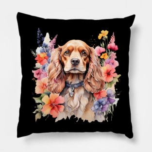 An american cocker spaniel decorated with beautiful watercolor flowers Pillow