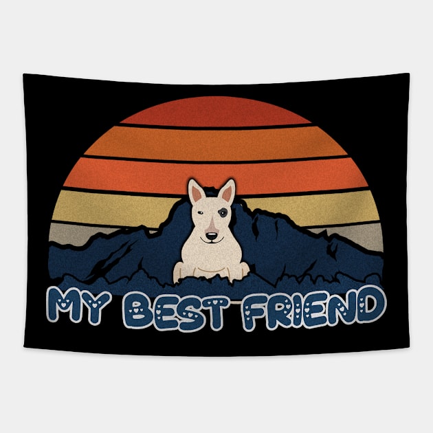 My Best Friend Bull Terrier Striped Sunset Mountain Background Design - Gift for Bull Terrier Lovers Tapestry by HarrietsDogGifts