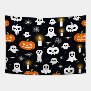 Halloween Seamless Pattern with Pumpkins, Ghosts, Candles, and Spider Webs Tapestry