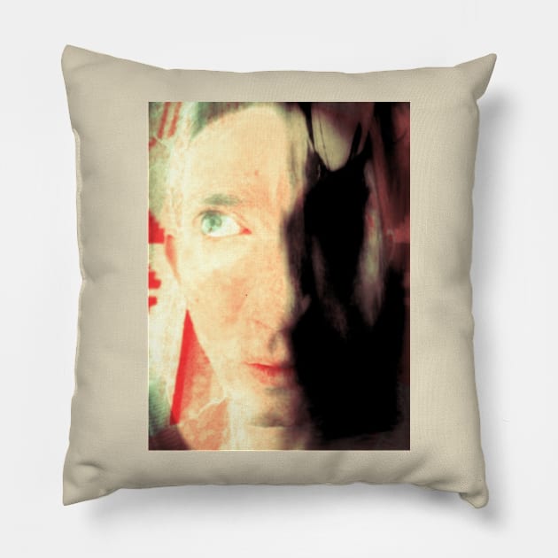 Portrait, digital collage, special processing. Weird and bizarre. Face of man, thinking about something. Colorful, red and green. Pillow by 234TeeUser234