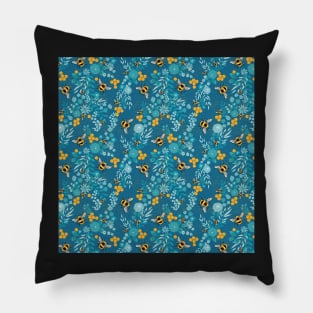 Honeybees and flowers with blue background Pillow