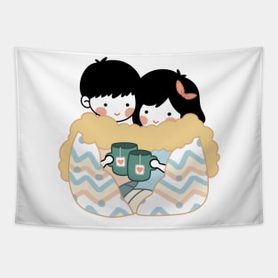 Cute “Cuddling Couple with Tea“ Design | Kawaii Handmade Illustration | By Atelier Serakara Tapestry