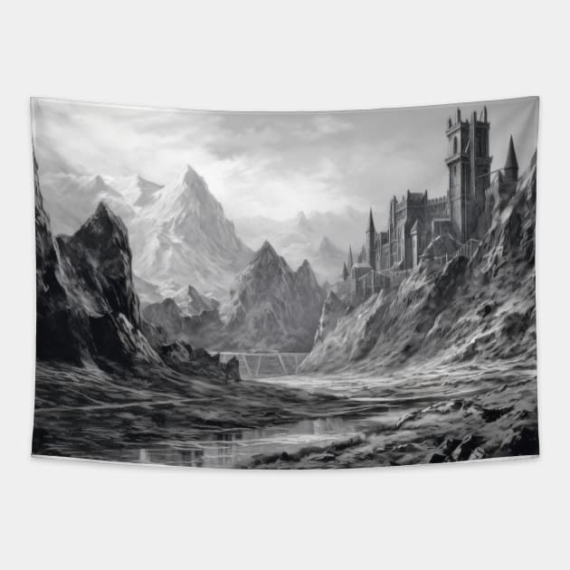 Fortress Mountain Castle Fantasy Story Ink Sketch Style Tapestry by Cubebox