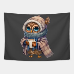 Chibi Owl Drinking Hot Chocolate cute christmas snow design series 3 Tapestry