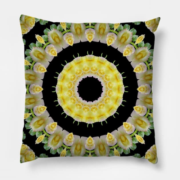 Mandala Kaleidoscope in Bright Yellow, Water Color Pink, Green, and Black Pillow by Crystal Butterfly Creations