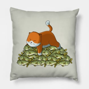 Cat on mountain of fish Pillow