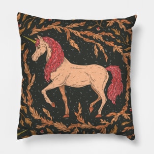 The last unicorn in a floral wreath on black background Pillow