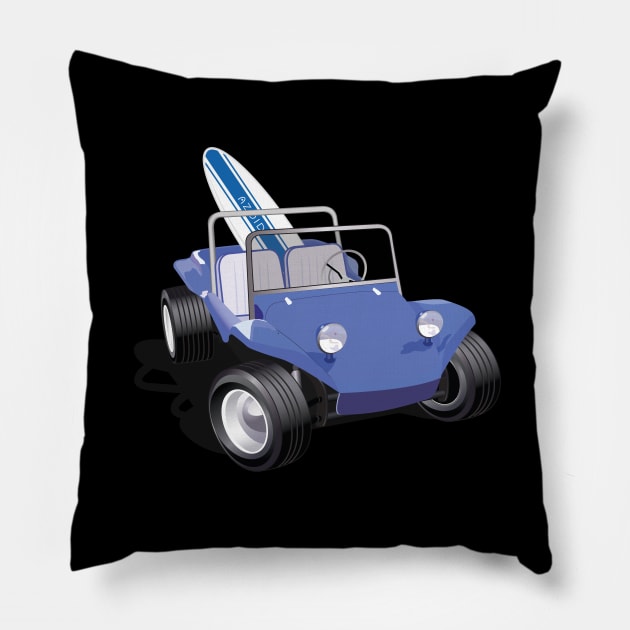 Blue Dune Buggy with Surfboard Front Pillow by PauHanaDesign