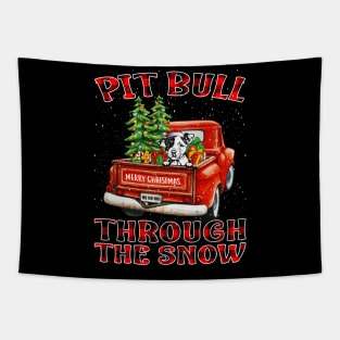 Christmas Pit Bull Through The Snow Dog Santa Truck Tree Tapestry