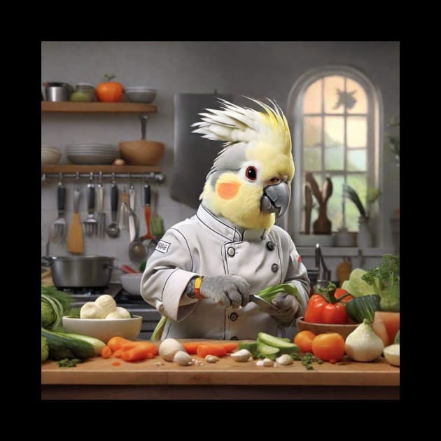 Cockatiel calopsitte bird oiseau IA Cooking Kitchen by T-Shirts Univers 