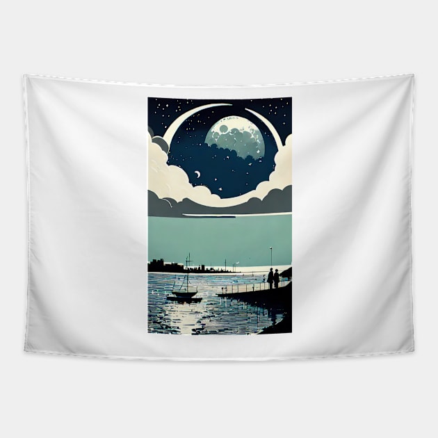 Blue Moon bay abstract line art Tapestry by PsychicLove