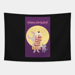 Happy Birthday card, greeting card, with a rabbit holding a high cake that almost will fall Tapestry