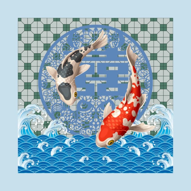 Double Happiness Koi Fish Dancing in the Ocean with Green Tile Floor Pattern by CRAFTY BITCH