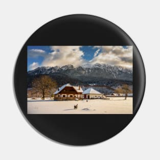 House by the mountains, winter time Pin