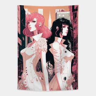 Pink and Black - Cyberpunk Illustrated Portrait Two Women Posing in Front of a Bustling Cityscape Tapestry