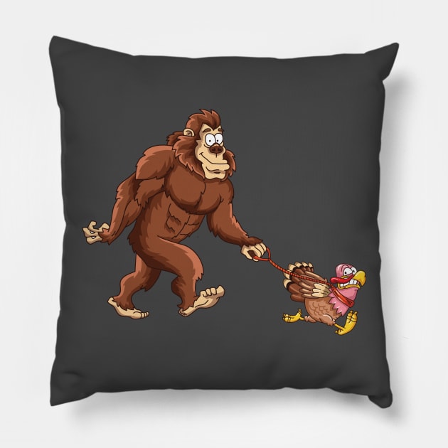 Funny Bigfoot Sasquatch Walking A Turkey Pillow by ghsp