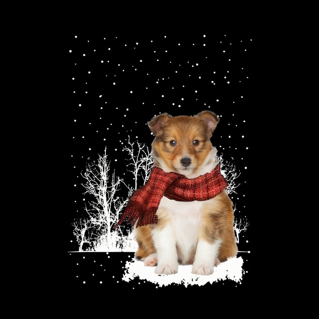 Christmas Shetland Sheepdog With Scarf In Winter Forest by Tagliarini Kristi