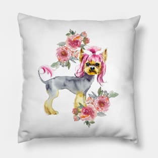 Cute Yorkshire Terrier Yorkie with Pink Hair Puppy Watercolor Art Pillow