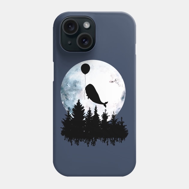 Whale flies with a balloon over forest, black silhouette on the full moon Phone Case by Collagedream