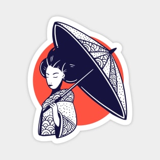 Vintage Sketch of a Japanese Woman in Kimono with Parasol Magnet