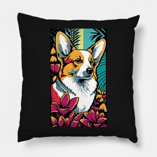 Corgi Dog Vibrant Tropical Flower Tall Retro Vintage Digital Pop Art Portrait Pillow