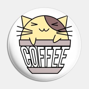 Happy cat in coffee cup with warped text yellow and brown Pin