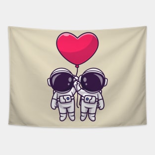 Cute Couple Astronaut Floating With Love Heart Balloon  Cartoon Tapestry