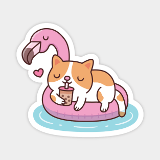 Cute Cat Drinking Bubble Tea And Chilling On Flamingo Pool Float Magnet