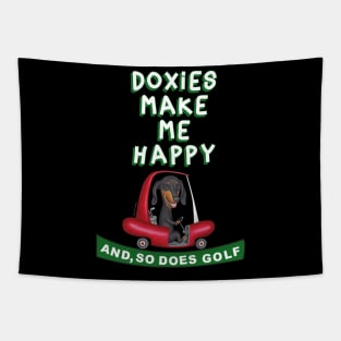 Cute doxie dog with classic golf cart on Black Dachshund in Red Golf Cart tee Tapestry