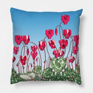 PINK FUCHSIA CYCLAMENS,GREEN LEAVES UNDER BLUE SKY Floral  Edit Pillow