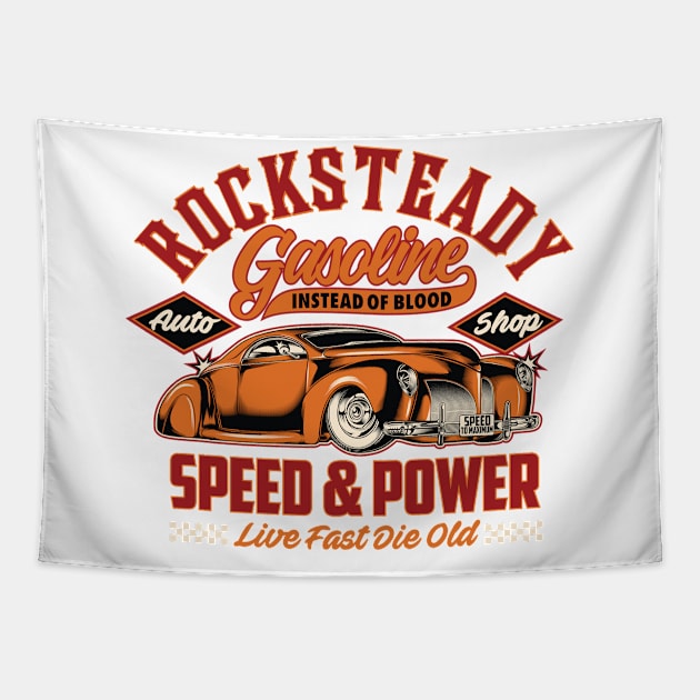 Rocksteady Gasoline instead of Blood - Vintage Auto Shop Tapestry by Teefold