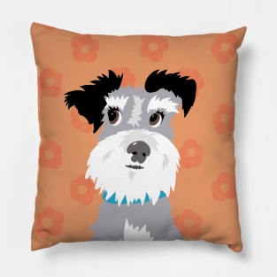 Salt and Pepper Miniature Schnauzer on Bright Orange Daisy Background Pillow