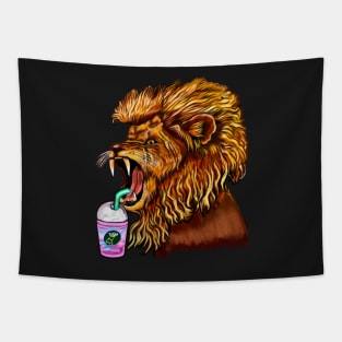 Thirsty Lion - cute funny roaring lion having an iced coffee drink. The conquering lion Tapestry