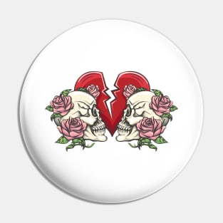 Two Skulls in Roses and Broken Heart Pin